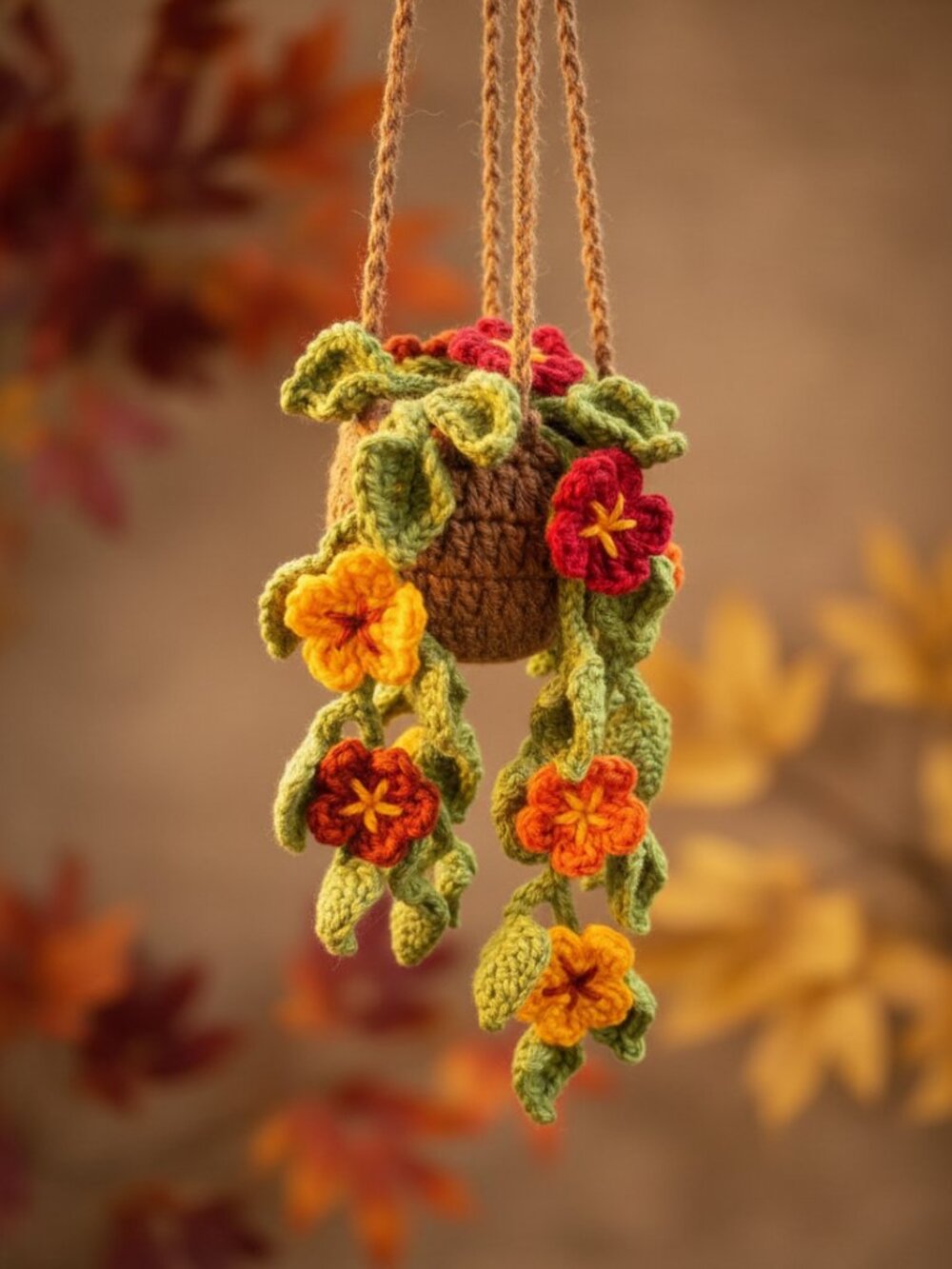 Autumn Bloom Crochet Hanging Planter | Faux Floral Plant | Home Office Car Decor